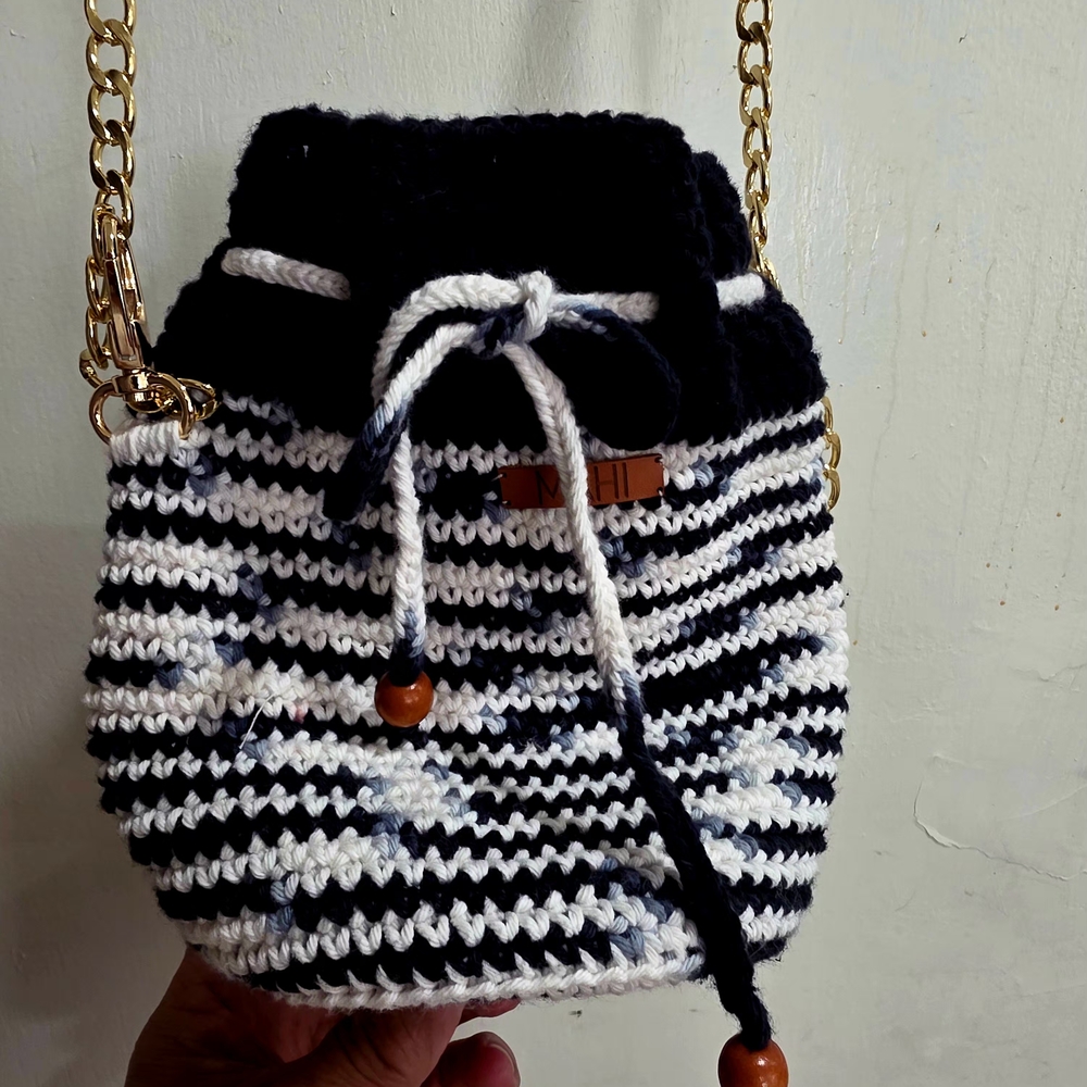 Striped Mahi Brand Crochet Drawstring Crossbody Bag - Black & White